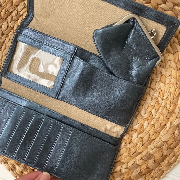 HOBO International "Sadie" Blue Metallic Leather Tri-fold Wallet with Coin Purse - Picture 2 of 7